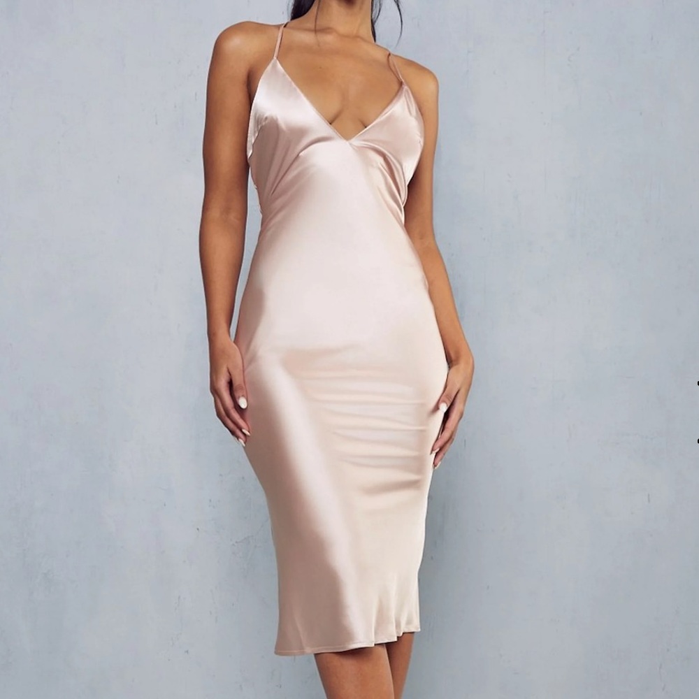 Premium Satin V Plunge Strappy Low Back Midi Slip Dress